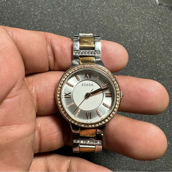 Fossil Virginia Ladies Quartz Watch Silver Dial Two Tone Crystal Set Watch - Picture 1 of 6